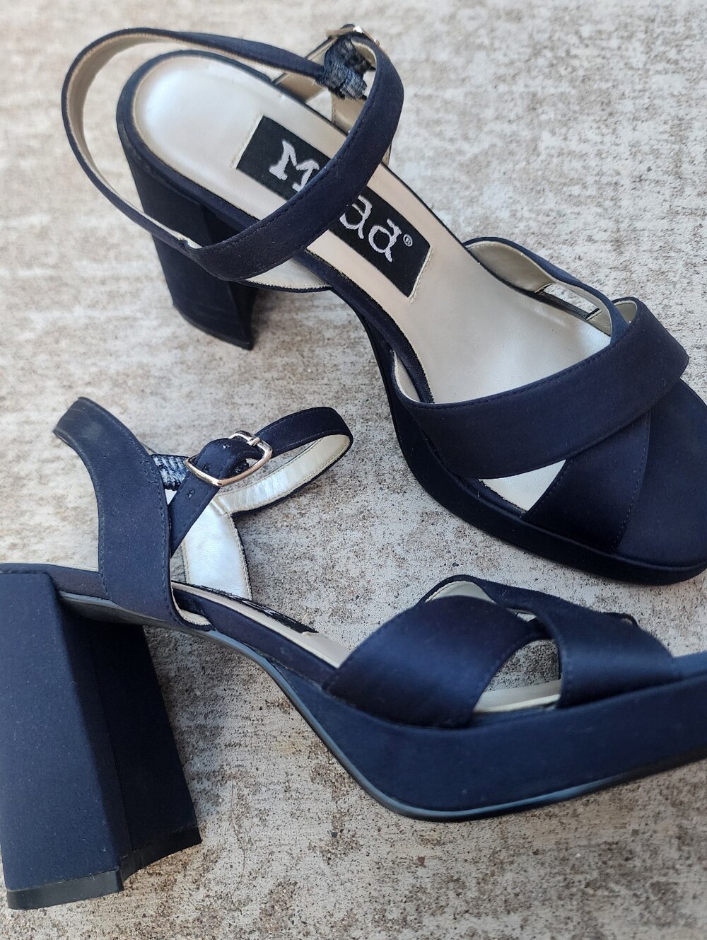 Vintage Y2k Mudd Shalee Chunky Formal Blue Satin Strapy Heels, Womens Sz 7.5